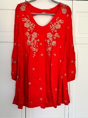 Free People Red Mini Tunic Dress with Tan Embroidery